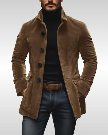 Men's Slim-Fit Corduroy Stand-Collar Wool Coat Button-Up - Light Brown