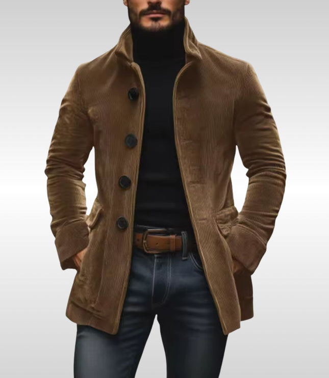 Men's Slim-Fit Corduroy Stand-Collar Wool Coat Button-Up - Light Brown