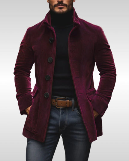 Men's Slim-Fit Corduroy Stand-Collar Wool Coat Button-Up - Burgundy