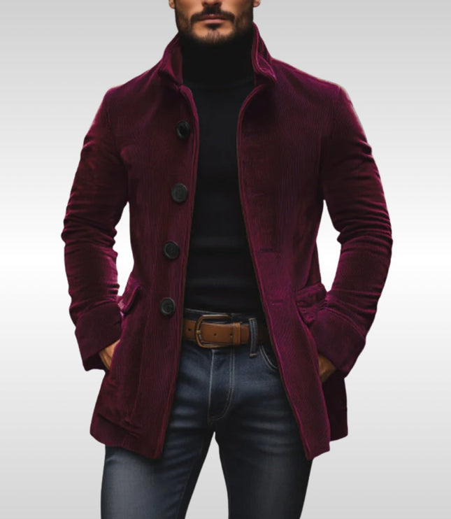 Men's Slim-Fit Corduroy Stand-Collar Wool Coat Button-Up - Burgundy