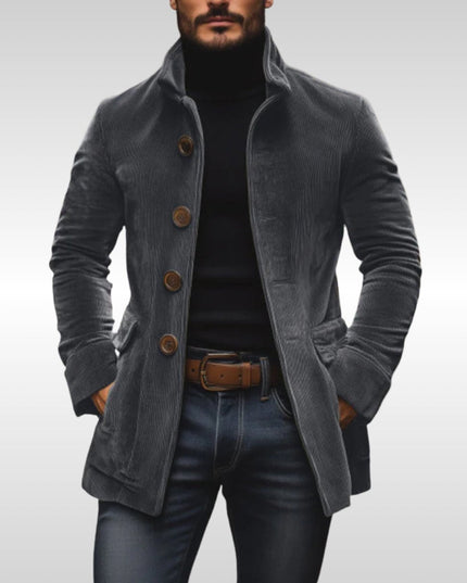 Men's Slim-Fit Corduroy Stand-Collar Wool Coat Button-Up - Gray
