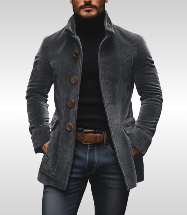 Men's Slim-Fit Corduroy Stand-Collar Wool Coat Button-Up - Gray