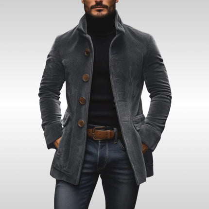 Men's Slim-Fit Corduroy Stand-Collar Wool Coat Button-Up - Gray