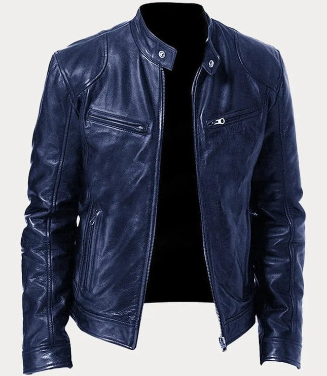 Men's Slim-Fit Moto Leather Mens Quilted Jacket Stand Collar - Dark Blue