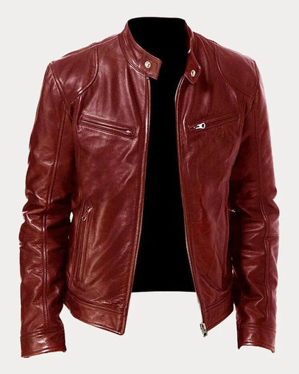 Men's Slim-Fit Moto Leather Mens Quilted Jacket Stand Collar - Dark Red