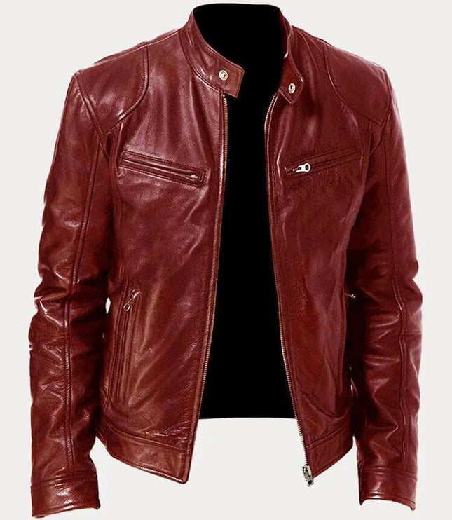 Men's Slim-Fit Moto Leather Mens Quilted Jacket Stand Collar - Dark Red