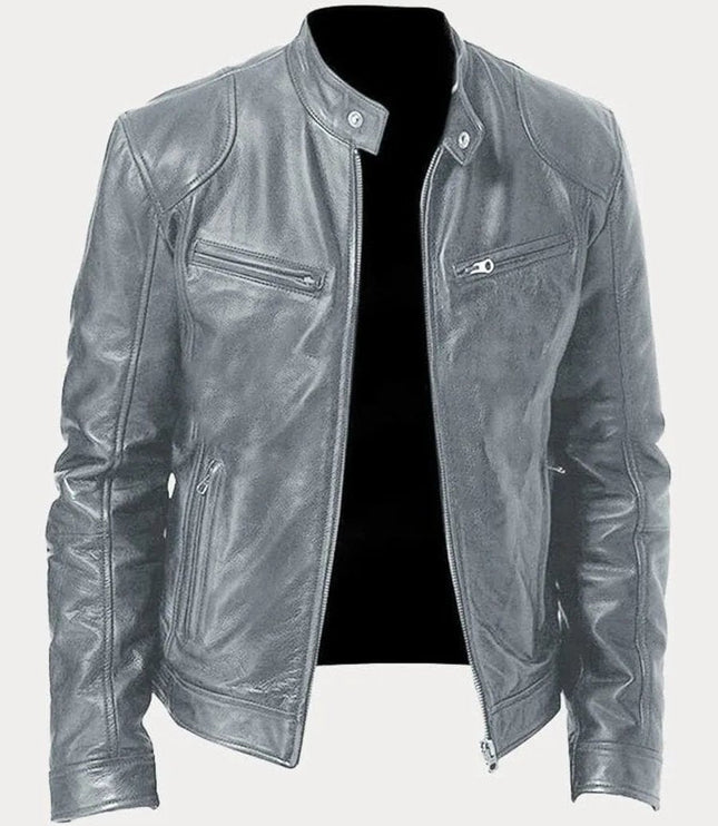 Men's Slim-Fit Moto Leather Mens Quilted Jacket Stand Collar - Gray