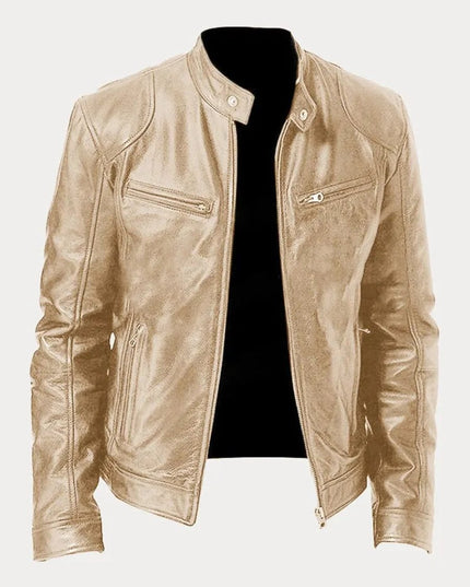 Men's Slim-Fit Moto Leather Mens Quilted Jacket Stand Collar - Gold