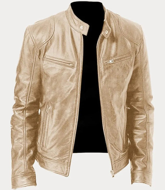 Men's Slim-Fit Moto Leather Mens Quilted Jacket Stand Collar - Gold