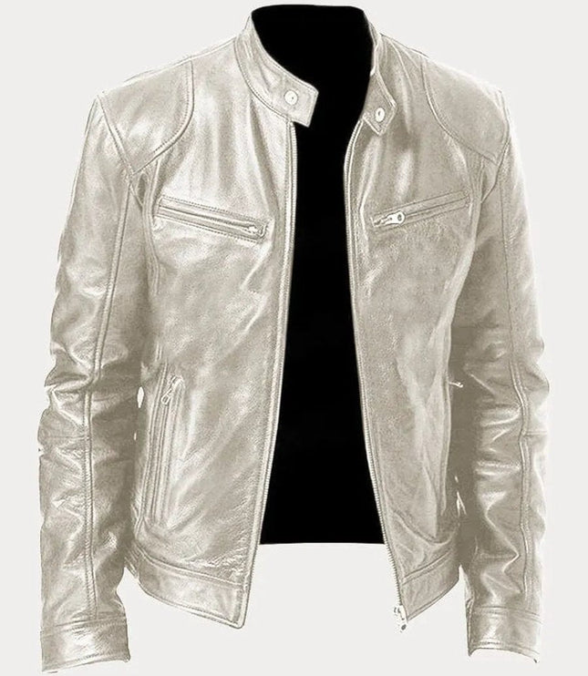 Men's Slim-Fit Moto Leather Mens Quilted Jacket Stand Collar - Silver