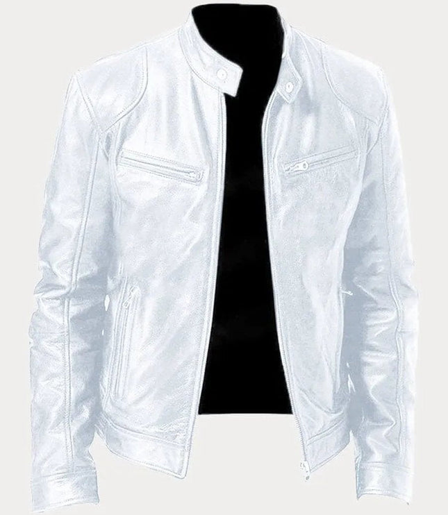 Men's Slim-Fit Moto Leather Mens Quilted Jacket Stand Collar - White