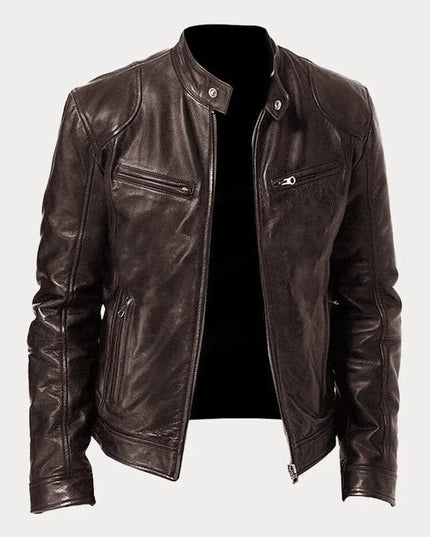 Men's Slim-Fit Moto Leather Mens Quilted Jacket Stand Collar - Brown