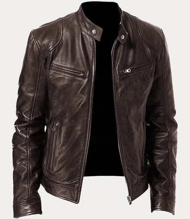 Men's Slim-Fit Moto Leather Mens Quilted Jacket Stand Collar - Brown