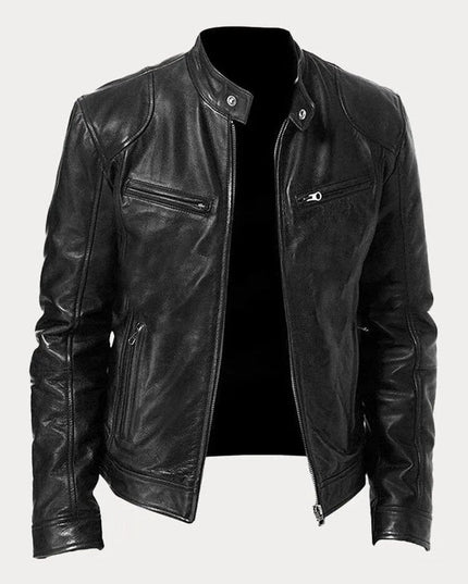 Men's Slim-Fit Moto Leather Mens Quilted Jacket Stand Collar - Black