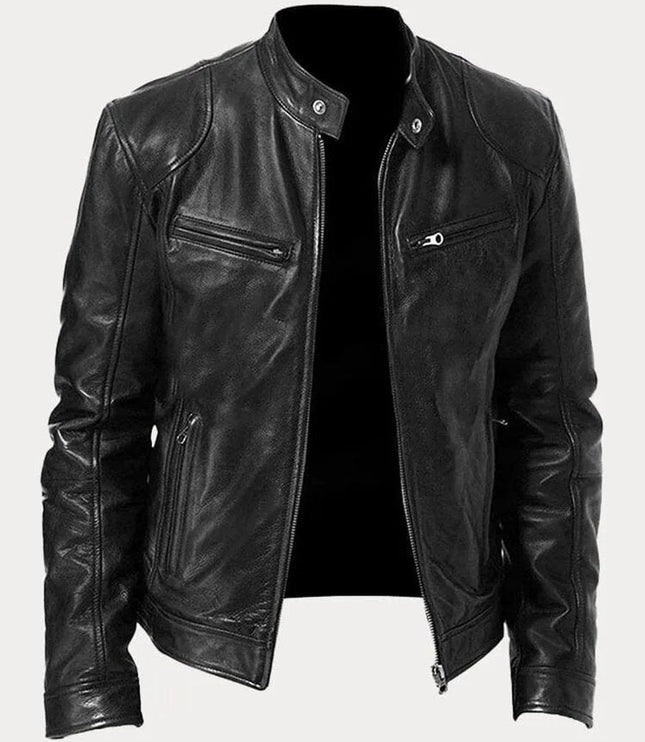 Men's Slim-Fit Moto Leather Mens Quilted Jacket Stand Collar - Black