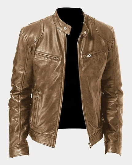 Men's Slim-Fit Moto Leather Mens Quilted Jacket Stand Collar - Khaki