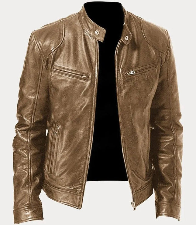 Men's Slim-Fit Moto Leather Mens Quilted Jacket Stand Collar - Khaki