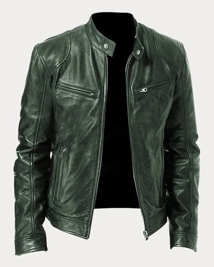 Men's Slim-Fit Moto Leather Mens Quilted Jacket Stand Collar - Military Green