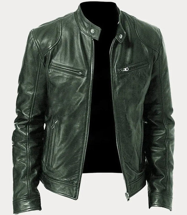 Men's Slim-Fit Moto Leather Mens Quilted Jacket Stand Collar - Military Green