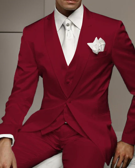Burgundy single breasted formal suit with white shirt and pocket square