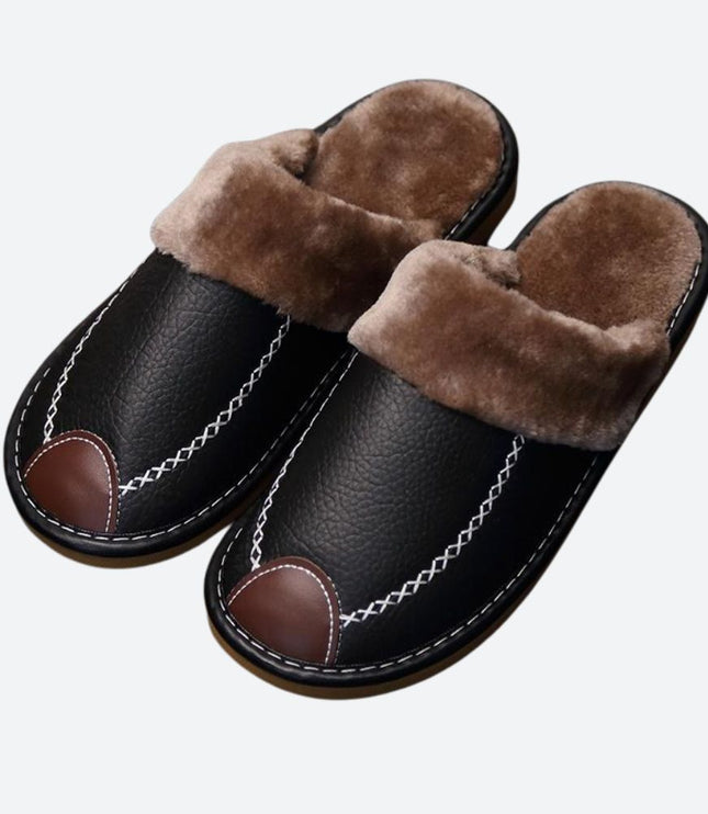 Men's Slippers with Plush Collar and Contrast Toe Patch