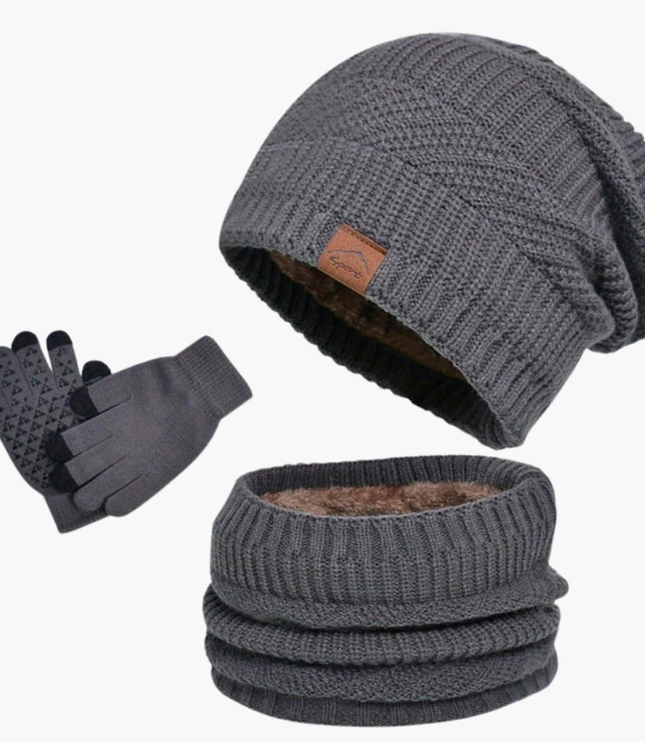 Men's Slouchy Beanie Hat, Scarf and Gloves Set with Plush Lining