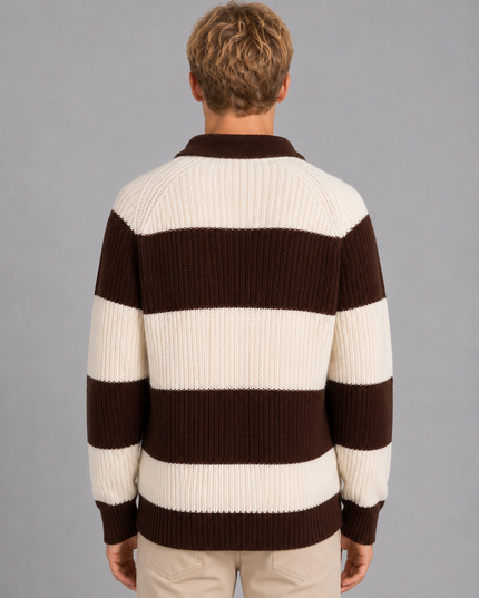 Men's Striped Knitted Jumper with Polo Collar