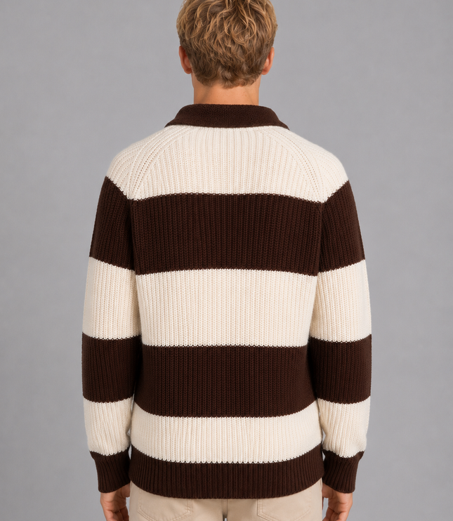 Men's Striped Knitted Jumper with Polo Collar