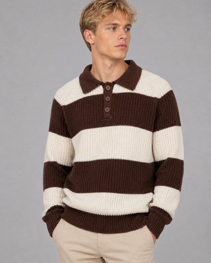 Men's Striped Knitted Jumper with Polo Collar