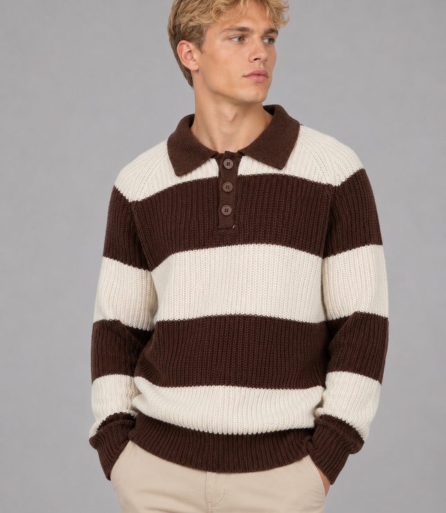 Men's Striped Knitted Jumper with Polo Collar