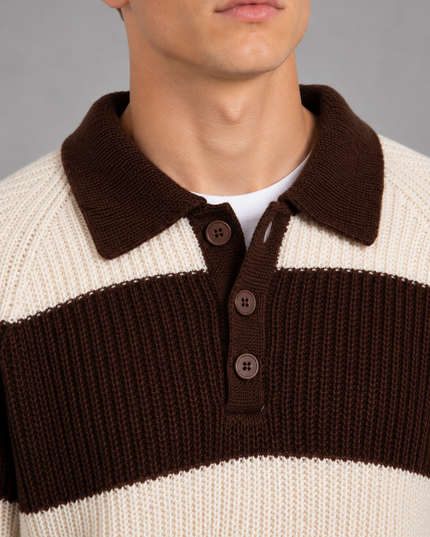 Men's Striped Knitted Jumper with Polo Collar