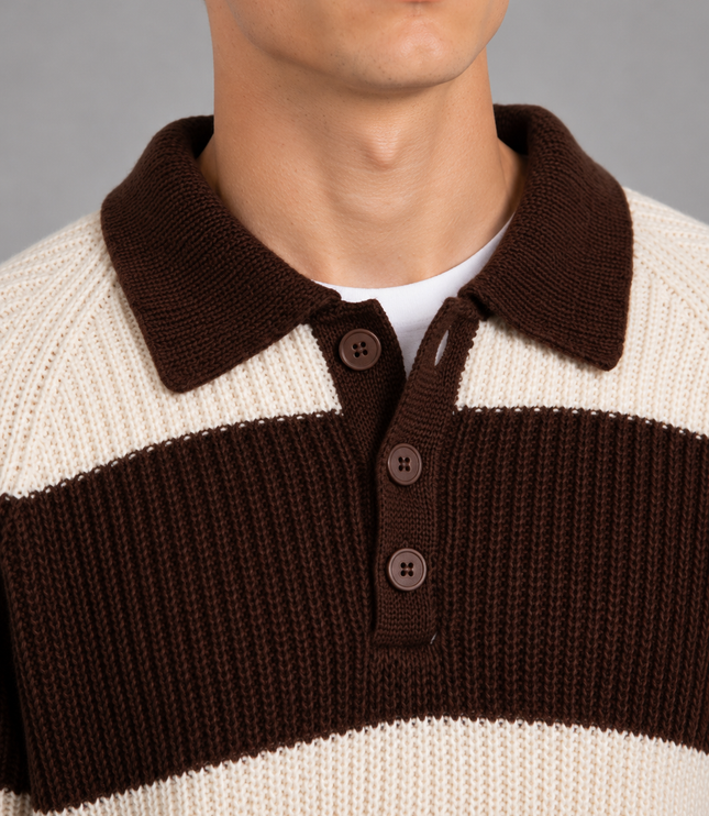 Men's Striped Knitted Jumper with Polo Collar
