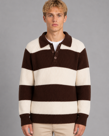 Men's Striped Knitted Jumper with Polo Collar