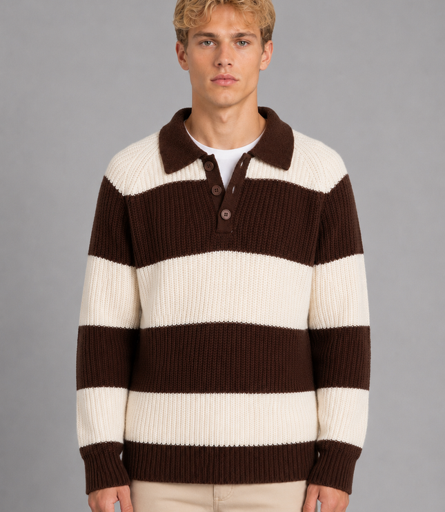 Men's Striped Knitted Jumper with Polo Collar