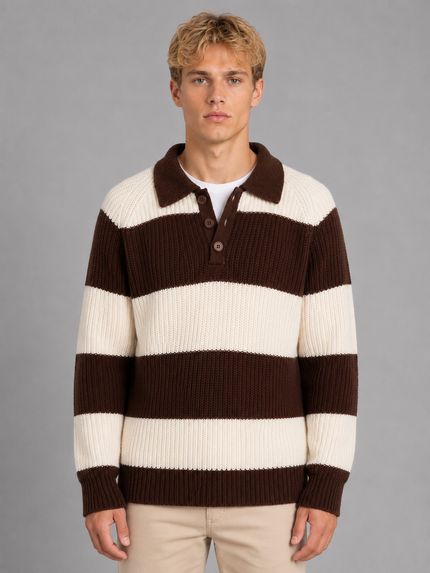 Men's Striped Knitted Jumper with Polo Collar