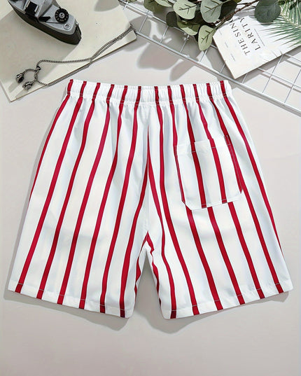 Men's Striped Swim Shorts Quick Dry Drawstring Board Shorts Pockets