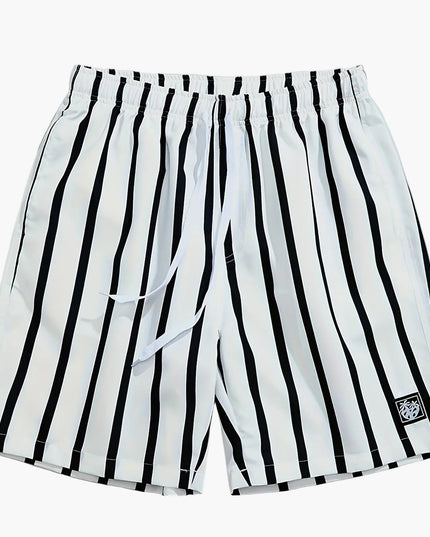 Men's Striped Swim Shorts Quick Dry Drawstring Board Shorts Pockets