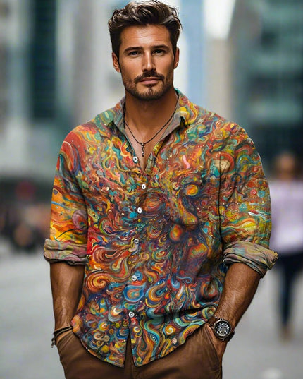 Camisa de hombre de verano con estampado abstracto de manga larga y botones
