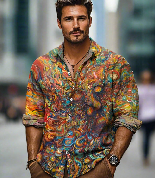 Camisa de hombre de verano con estampado abstracto de manga larga y botones