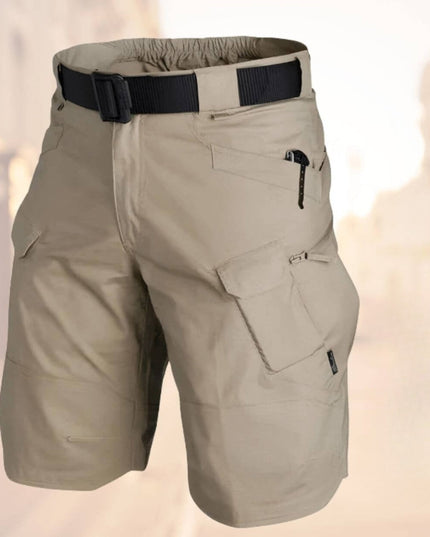 Beige cargo shorts with black adjustable belt and side cargo pockets