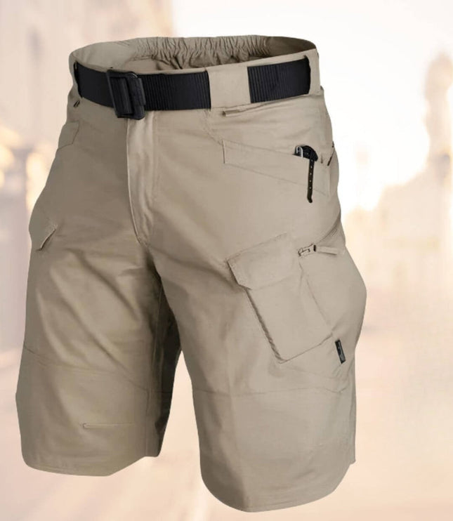 Beige cargo shorts with black adjustable belt and side cargo pockets