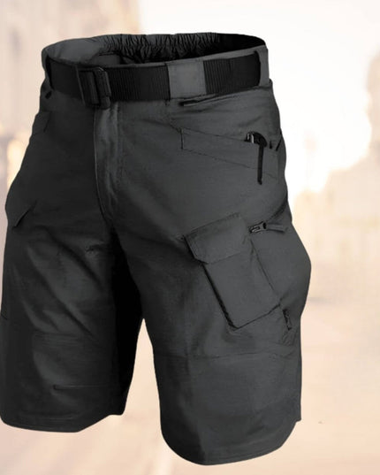 Dark gray cargo shorts with black belt and visible zip pocket details