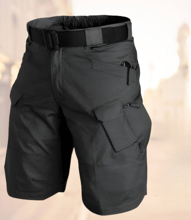 Dark gray cargo shorts with black belt and visible zip pocket details