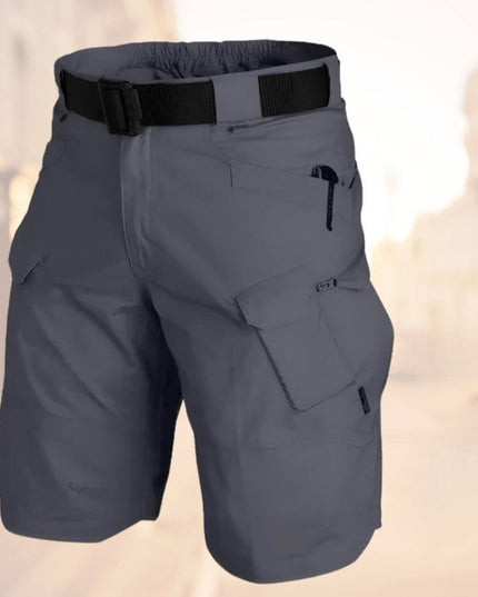 Slate blue cargo shorts with black adjustable belt and large cargo pockets