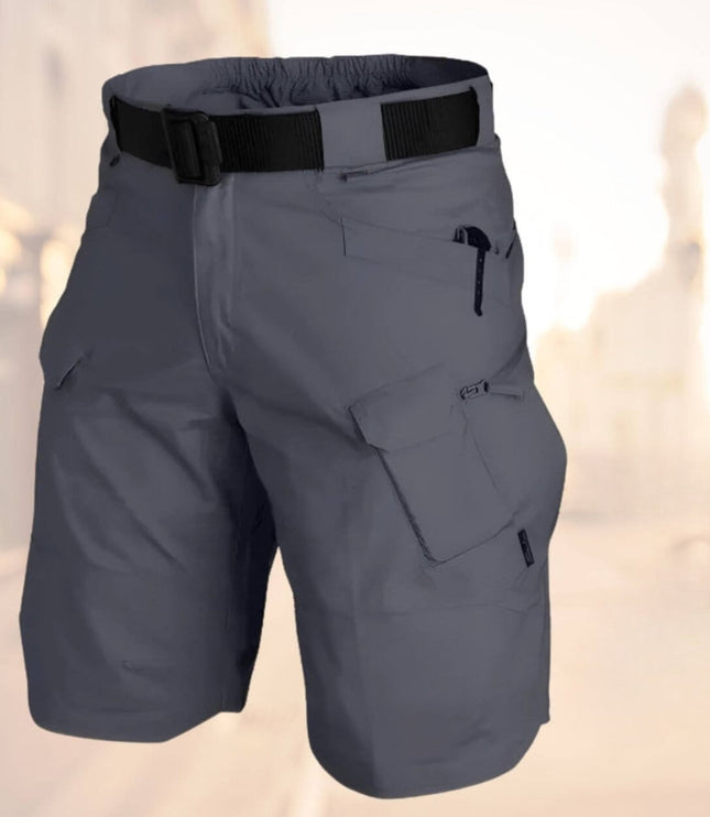 Slate blue cargo shorts with black adjustable belt and large cargo pockets