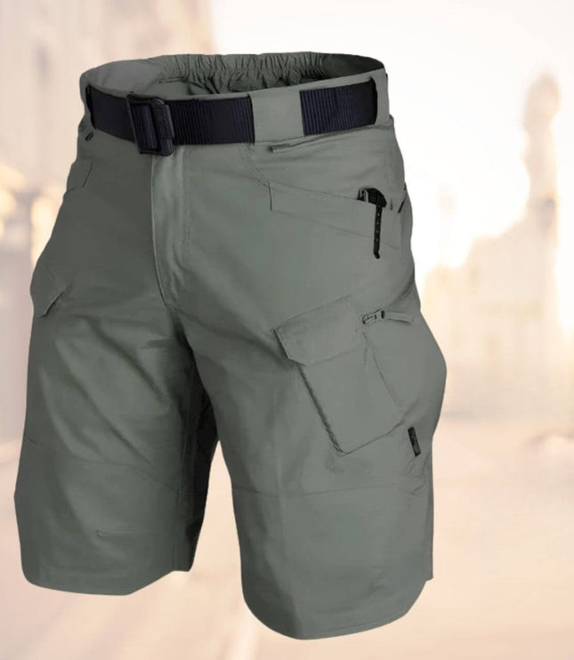 Sage green cargo shorts with navy striped belt and functional zip pockets