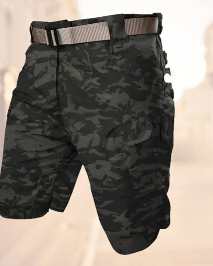 Black cargo shorts with gray adjustable belt and side pockets