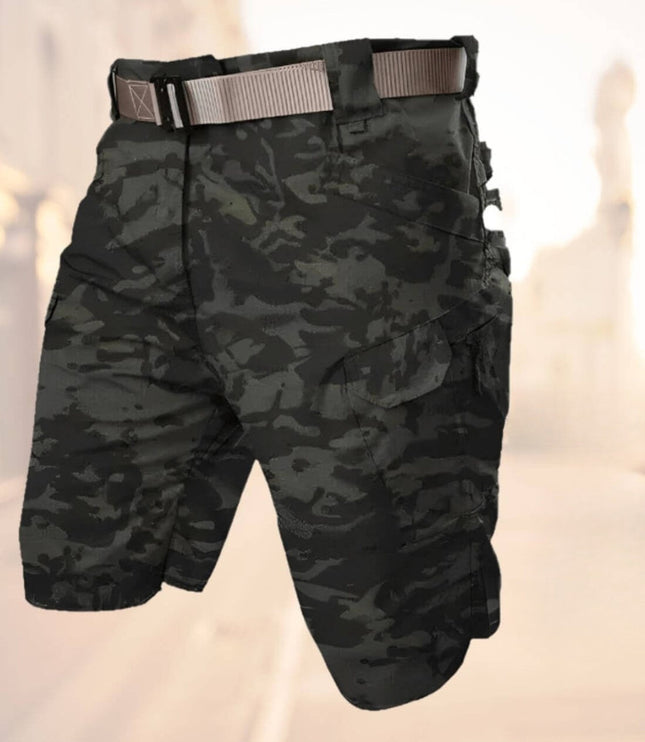 Black cargo shorts with gray adjustable belt and side pockets