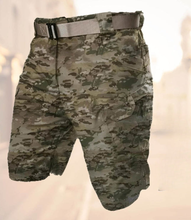Desert cargo shorts with adjustable webbing belt and cargo pockets