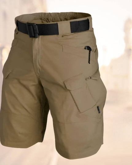 Khaki cargo shorts with black belt and multiple functional storage pockets